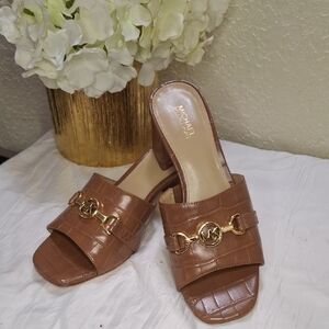 Michael Kors Tan Croc-Embossed Mules with Gold Accent